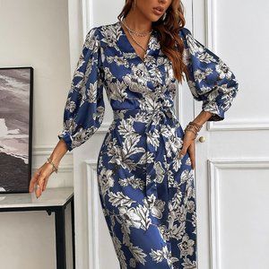 Brand New Floral Bishop Sleeve Belted Fitted Dress Navy